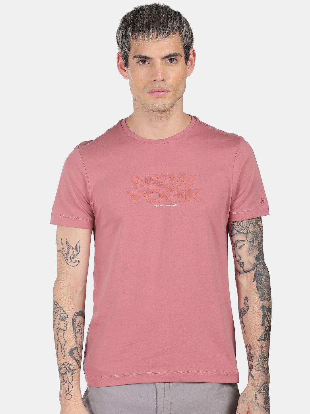 arrow men pink printed mercerised cotton round neck t-shirt