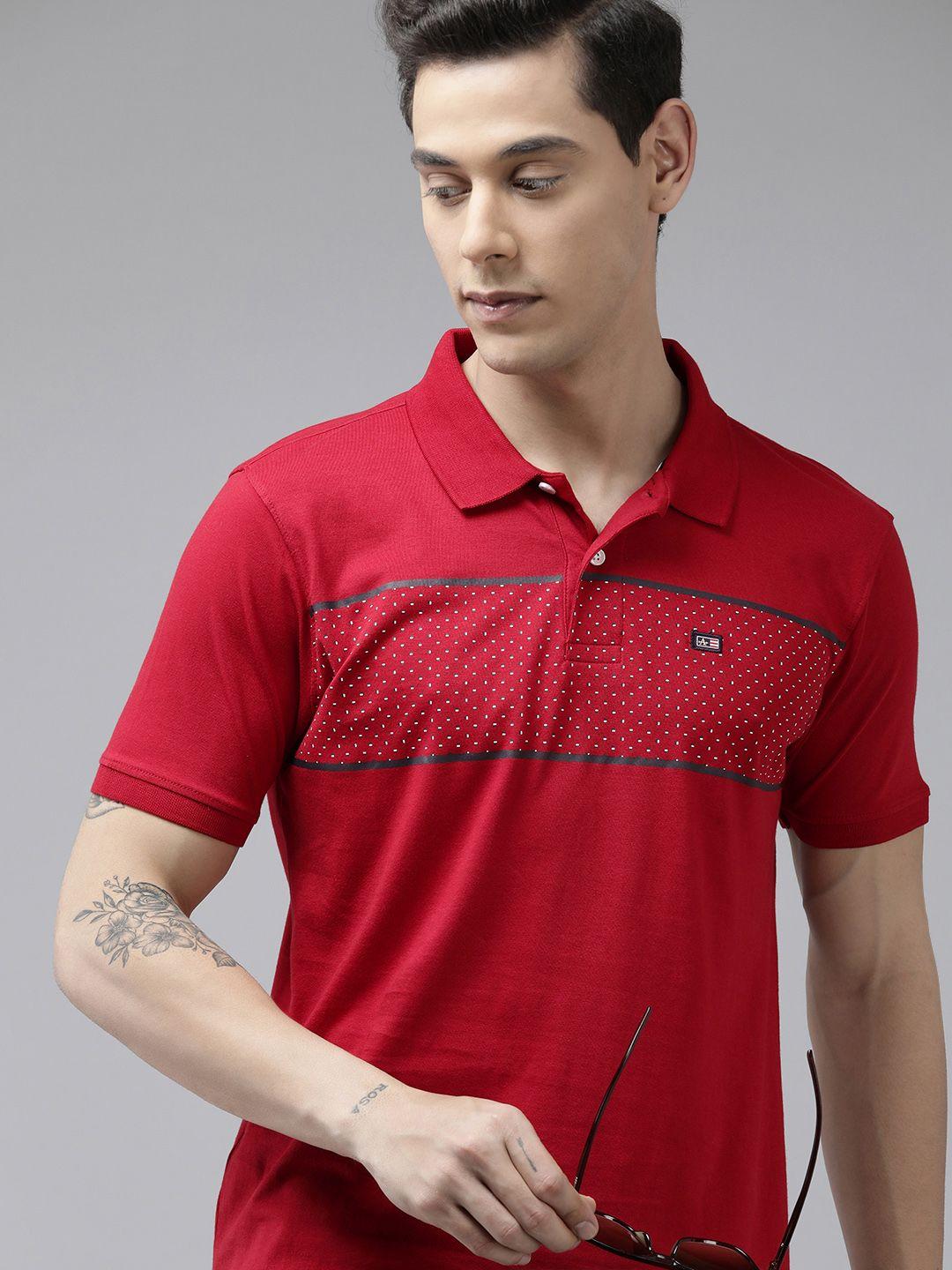 arrow men red conversational print & striped polo collar pure cotton applique t-shirt