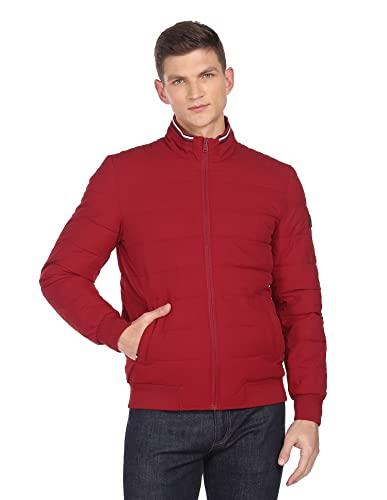 arrow men red solid quilted high neck bomber jacket