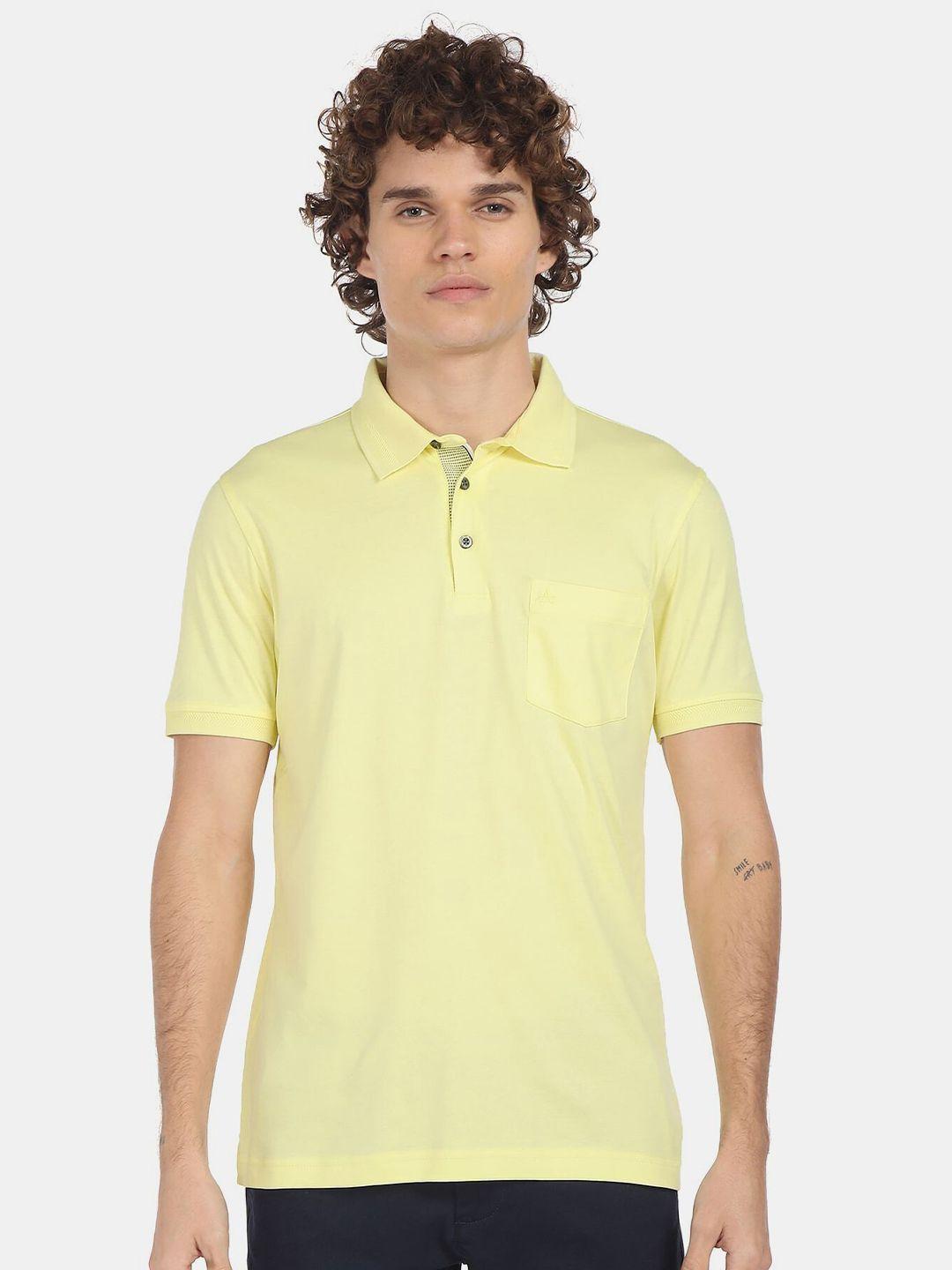 arrow men yellow solid polo collar cotton t-shirt