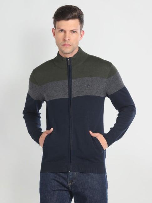 arrow navy & olive regular fit colour block sweater