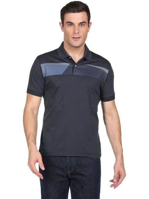 arrow navy blue cotton regular fit striped polo t-shirt