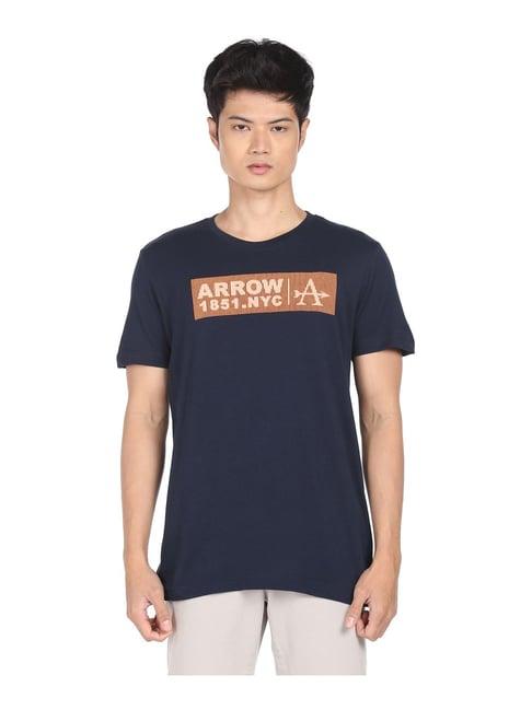 arrow navy cotton regular fit logo printed t-shirt