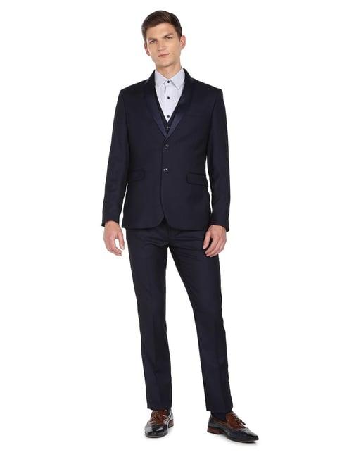 arrow navy regular fit self pattern three piece suit