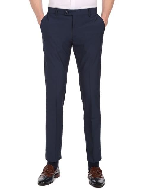 arrow navy regular fit self pattern trousers