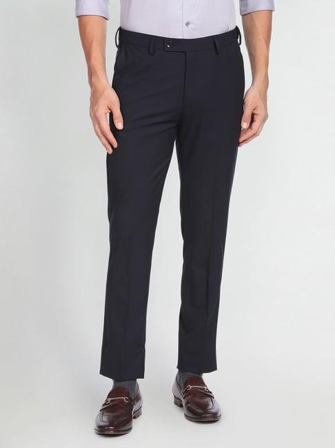 arrow navy slim fit flat front trousers