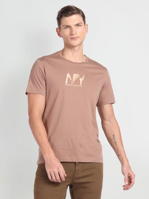 arrow new york beige cotton regular fit printed t-shirt