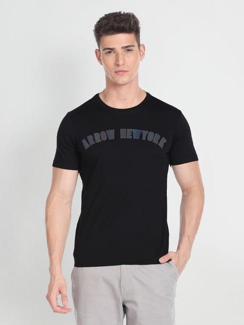 arrow new york black cotton regular fit printed t-shirt