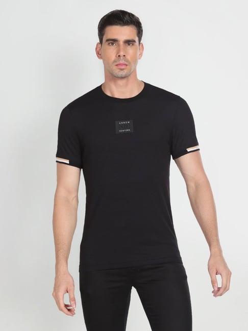 arrow new york black cotton regular fit printed t-shirt