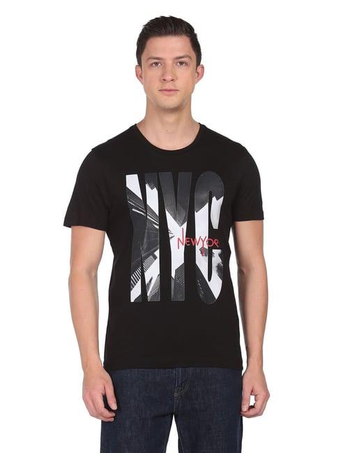 arrow new york black cotton regular fit printed t-shirt