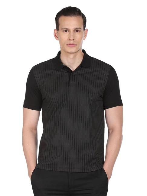 arrow new york black cotton regular fit striped polo t-shirt