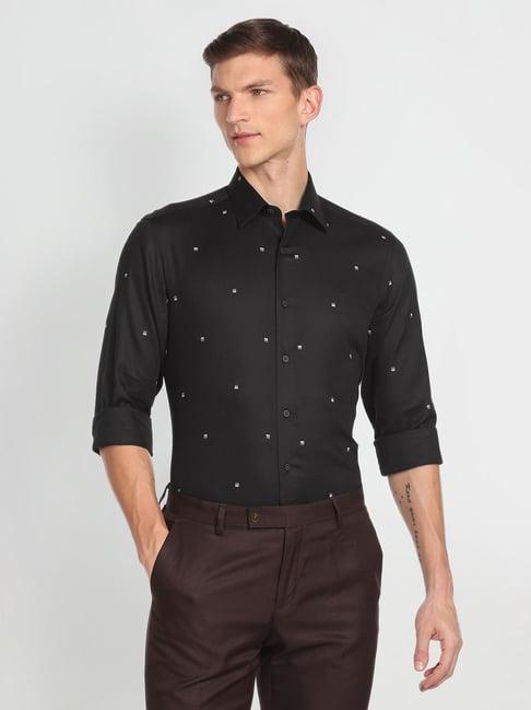 arrow new york black cotton slim fit printed shirt