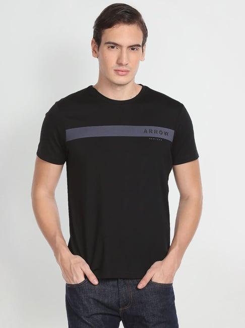 arrow new york black regular fit printed crew t-shirt