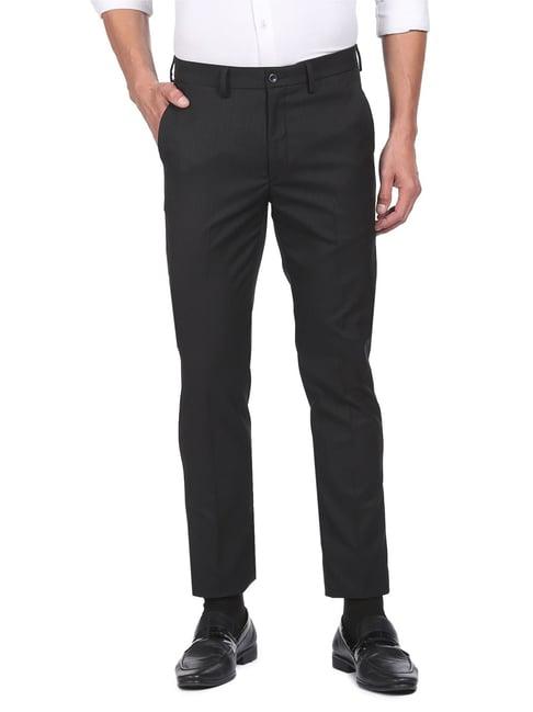 arrow new york black slim fit self pattern trousers