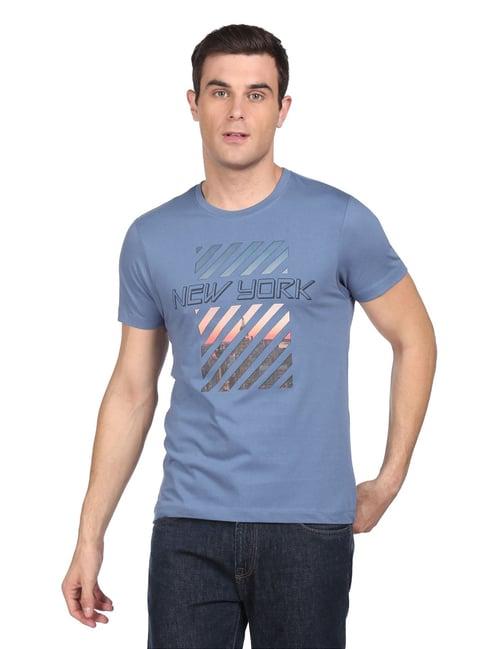 arrow new york blue cotton regular fit printed t-shirts