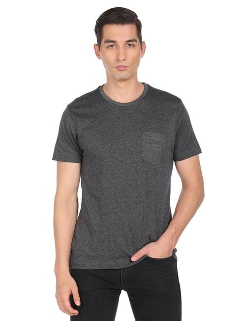 arrow new york dark grey cotton regular fit self pattern t-shirt