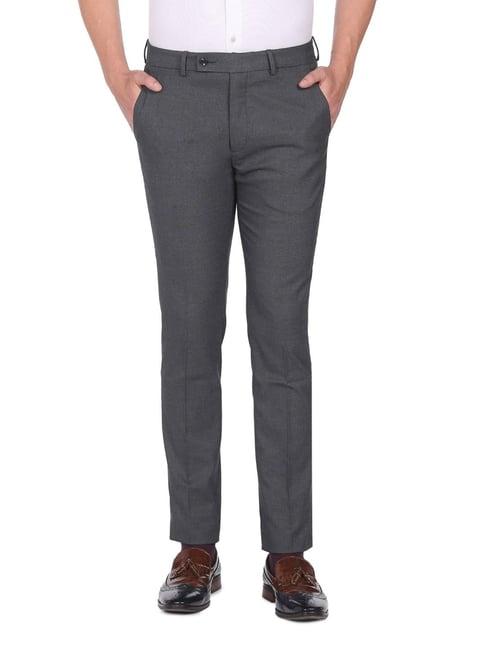 arrow new york dark grey cotton slim fit self pattern trousers