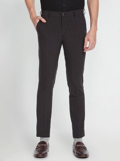 arrow new york dark grey slim fit check flat front trousers