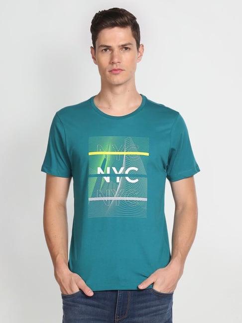 arrow new york green cotton regular fit printed t-shirt