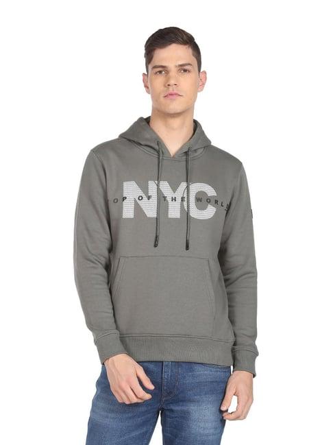 arrow new york grey cotton regular fit printed hooded sweatshirt