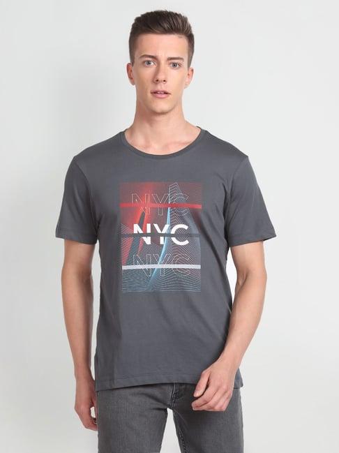 arrow new york grey cotton regular fit printed t-shirt