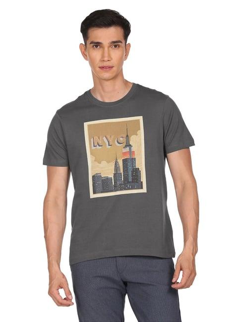 arrow new york grey cotton regular fit printed t-shirts