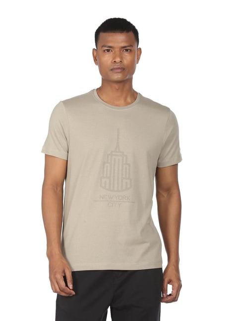 arrow new york light olive cotton regular fit printed t-shirt