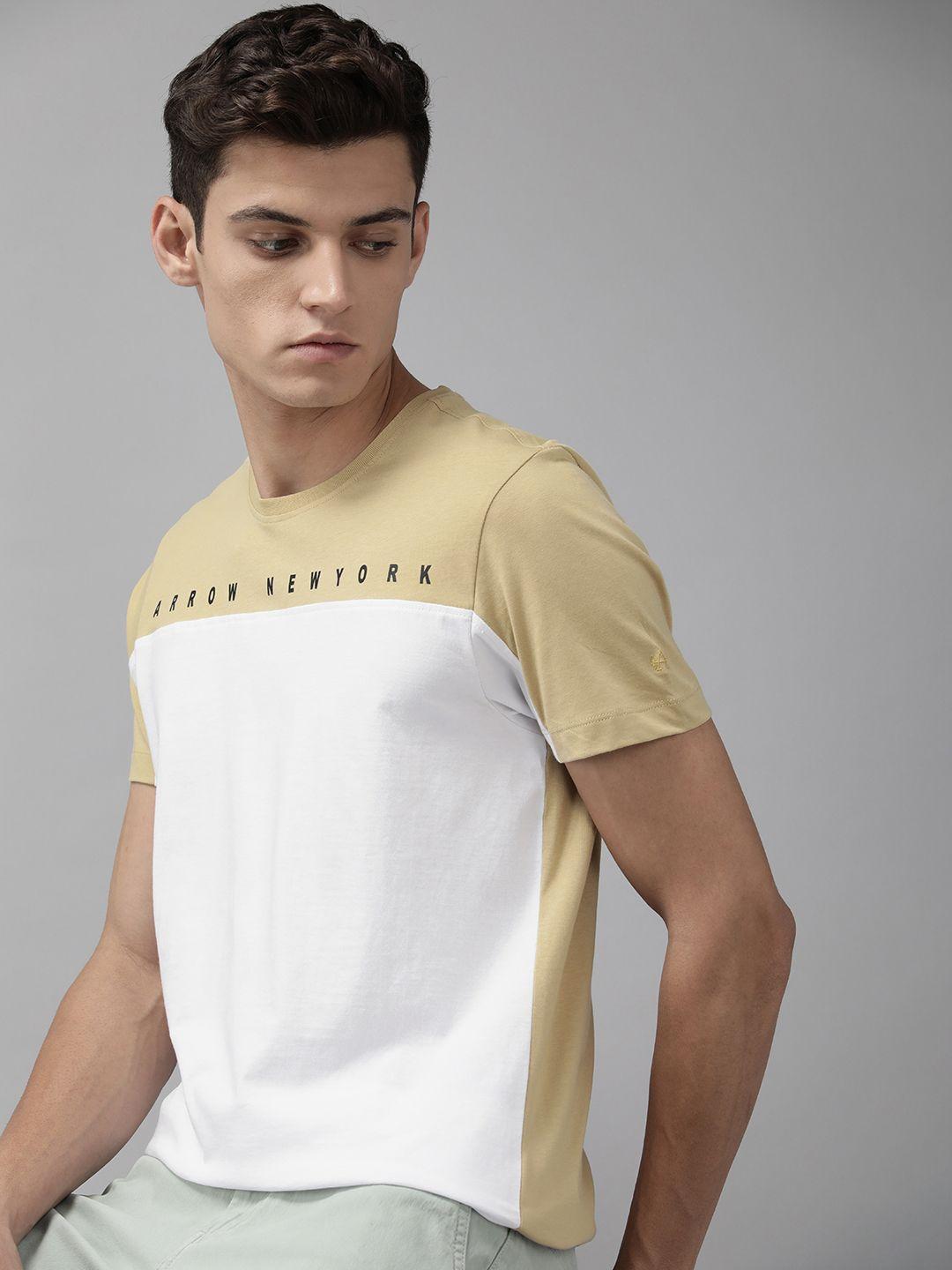 arrow new york men beige & white colourblocked pure cotton t-shirt