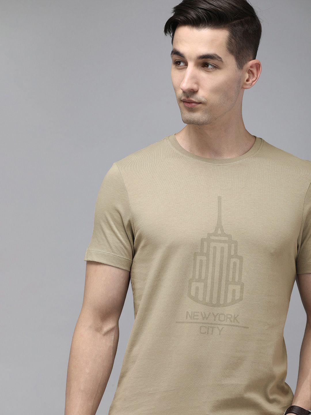 arrow new york men beige printed pure cotton t-shirt