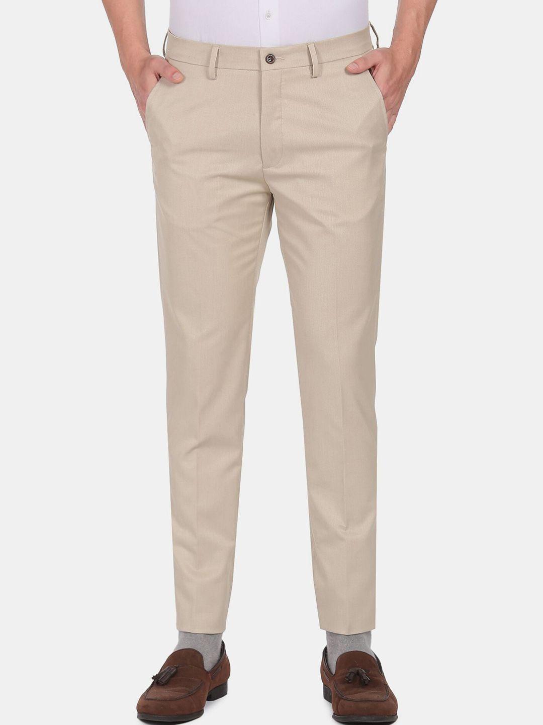 arrow new york men beige slim fit formal trousers