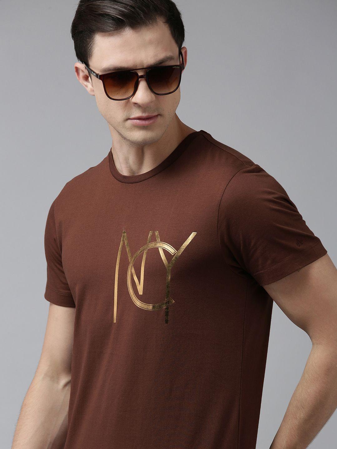 arrow new york men brown printed cotton t-shirt