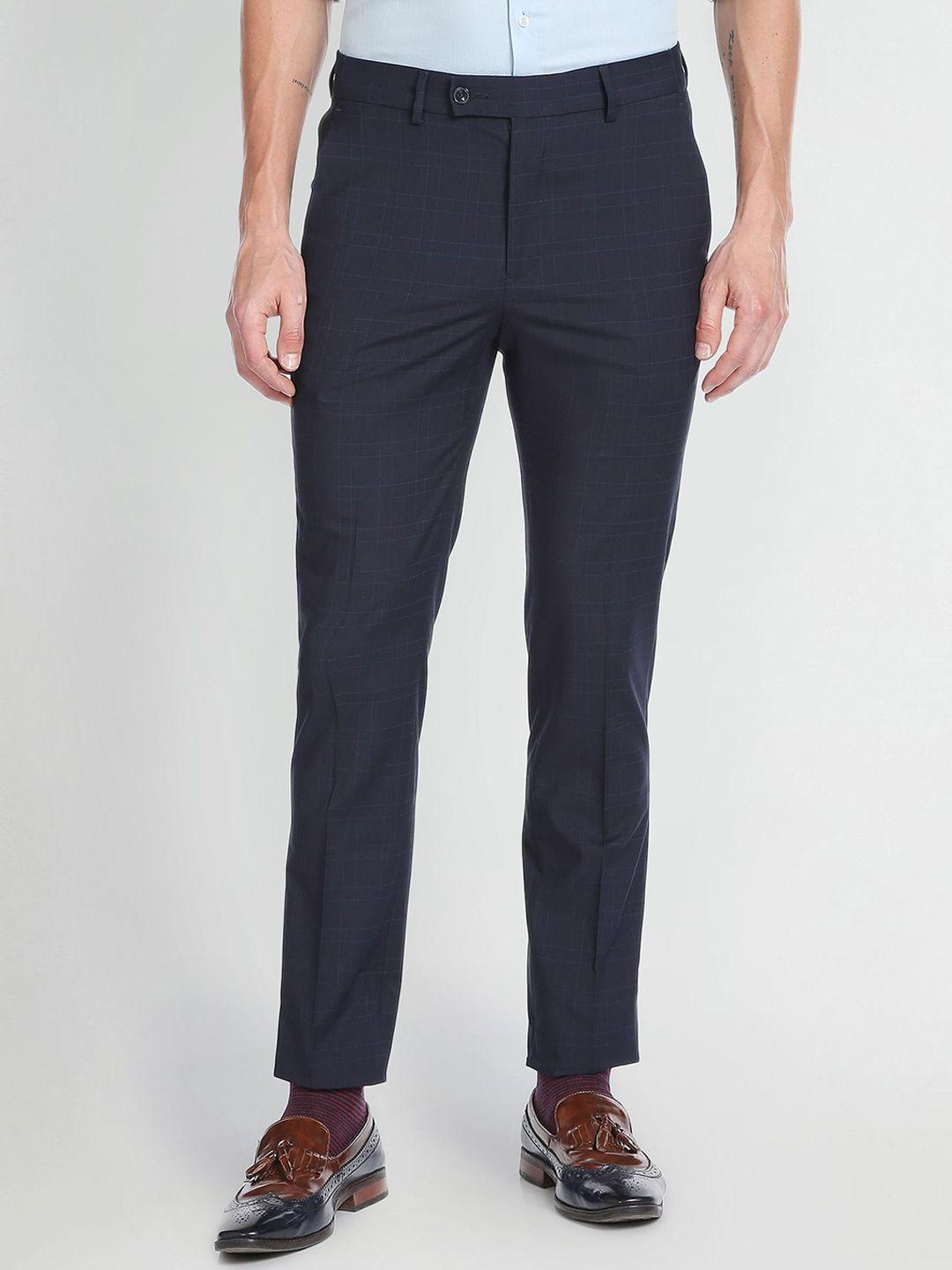 arrow new york men checked slim fit mid-rise formal trousers
