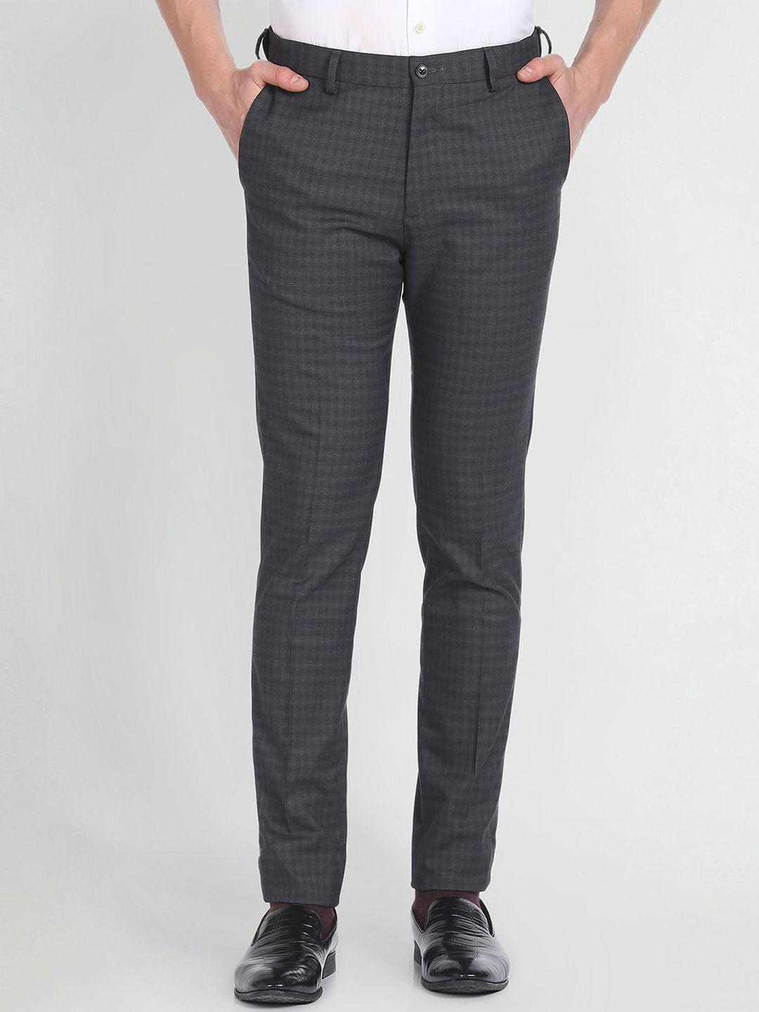 arrow new york men grey checked slim fit trousers