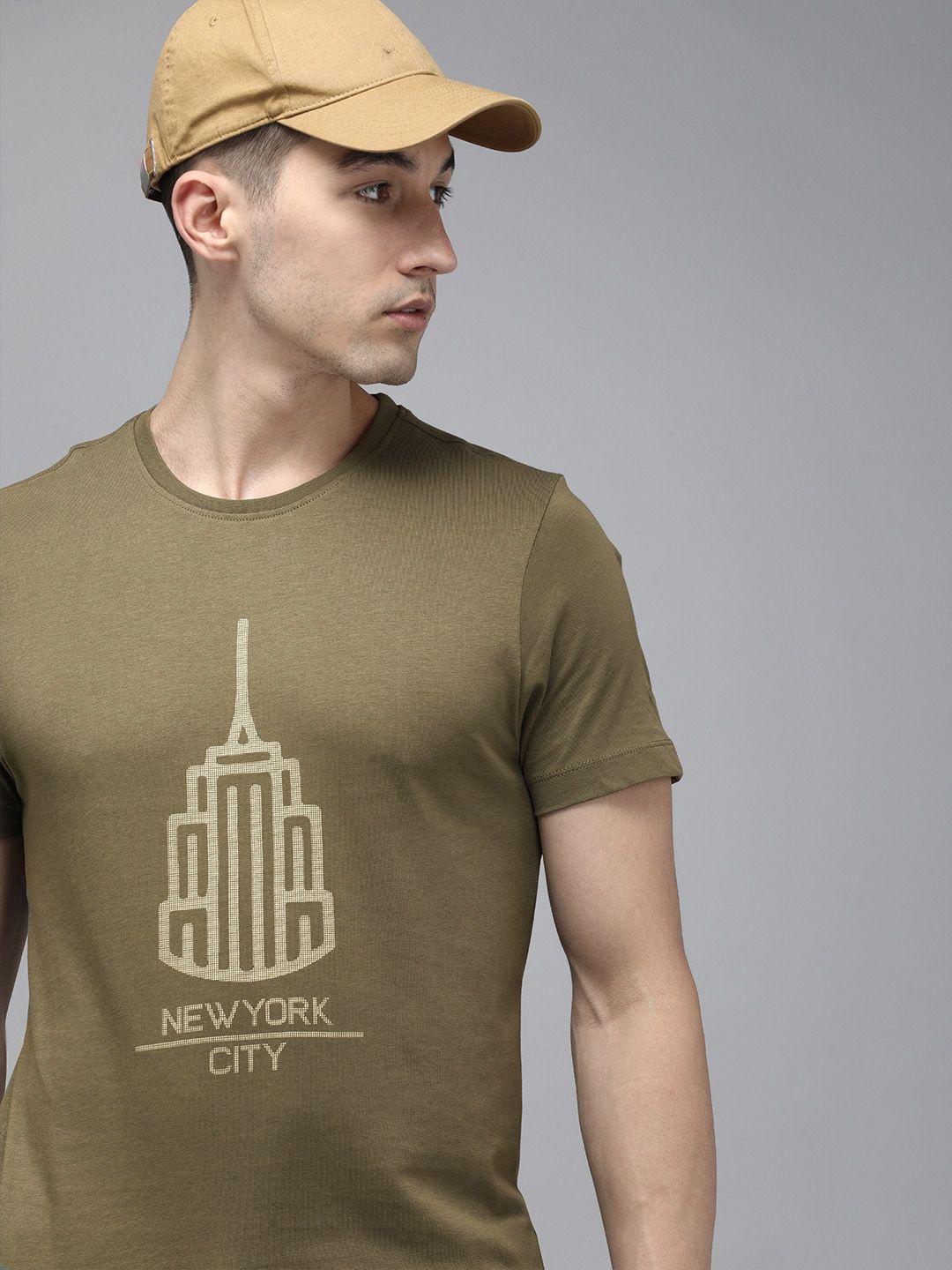 arrow new york men olive green printed pure cotton t-shirt