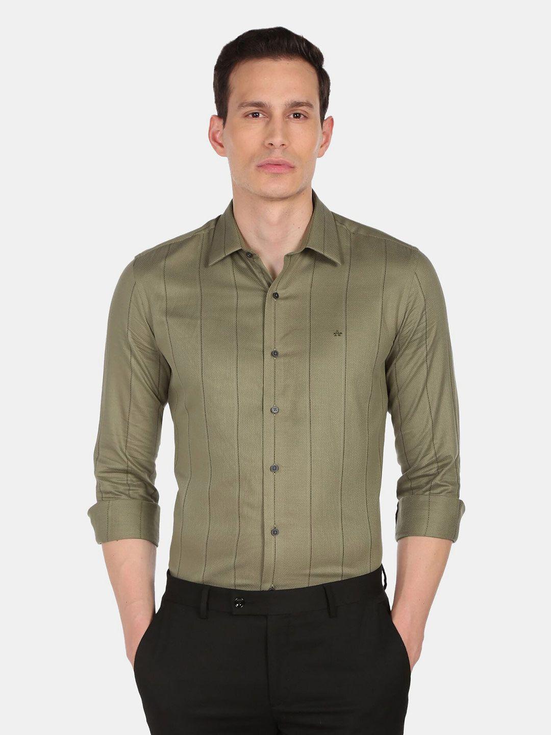 arrow new york men olive green vertical stripes slim fit pure cotton formal shirt