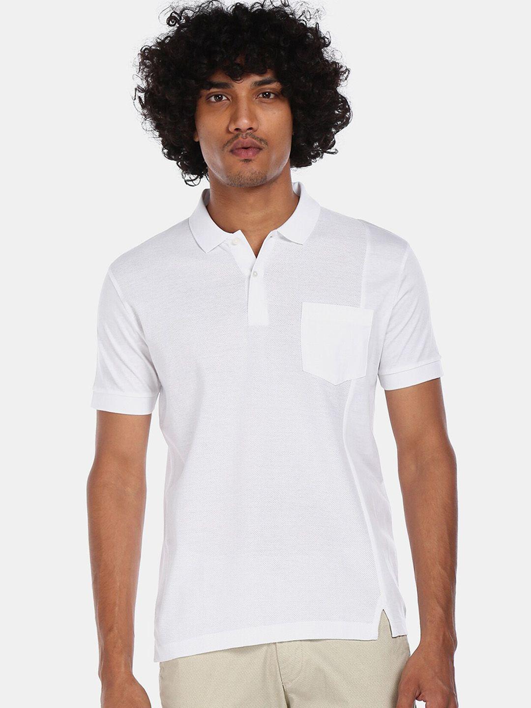 arrow new york men white solid  patch pocket paneled polo collar t-shirt