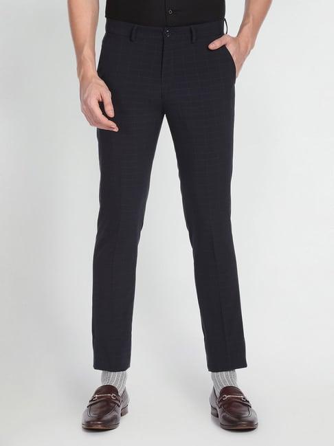 arrow new york navy slim fit check flat front trousers