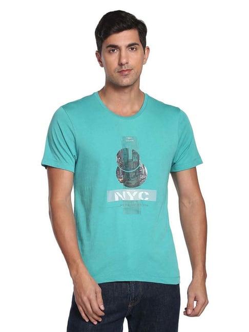 arrow new york teal cotton regular fit printed t-shirt