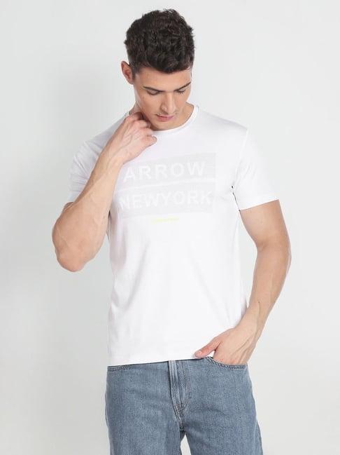 arrow new york white cotton regular fit printed t-shirt