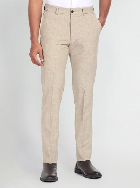 arrow newyork beige slim fit checks trousers