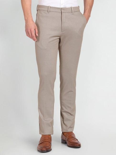 arrow newyork beige slim fit texture trousers