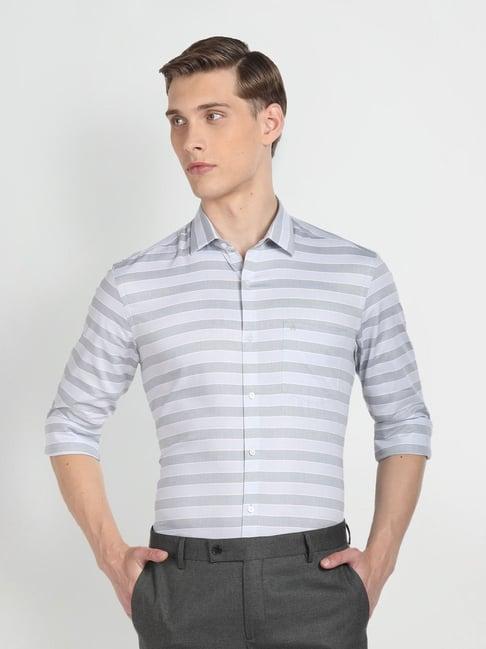 arrow newyork grey cotton slim fit striped shirt