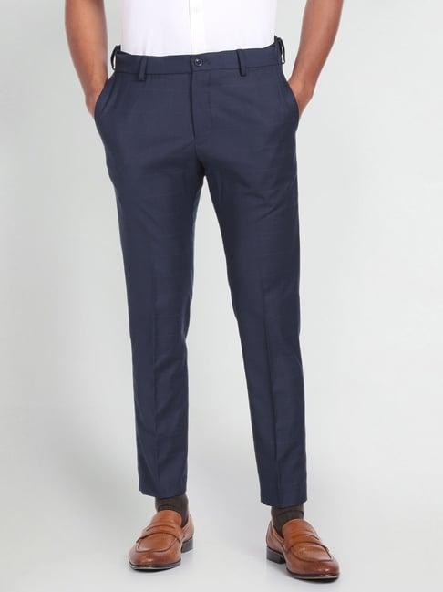 arrow newyork navy blue regular fit checks trousers