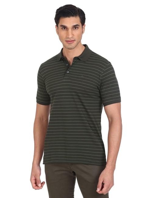 arrow olive cotton regular fit striped polo t-shirt