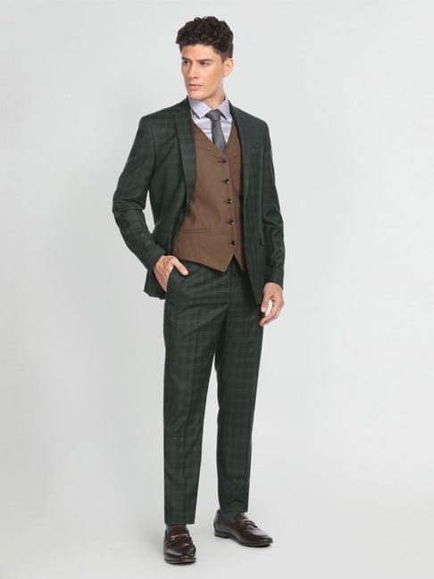 arrow olive green regular fit checks three piece suits