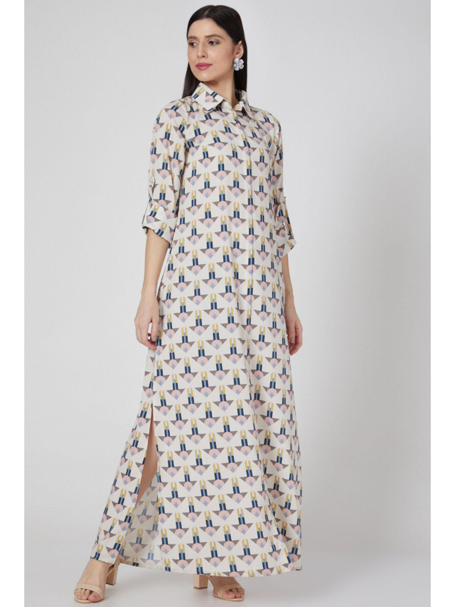 arrow print art crepe ankle length with roll up sleeves shirt dress