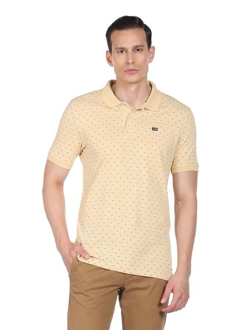 arrow sport beige cotton regular fit printed polo t-shirt