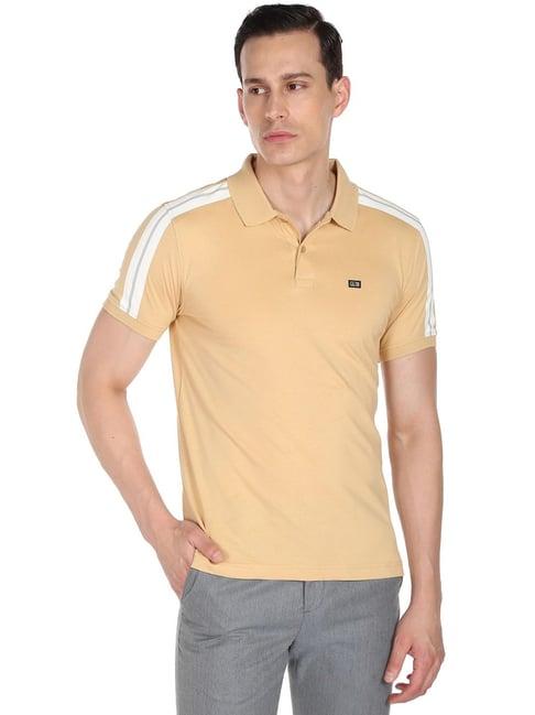 arrow sport beige cotton regular fit striped polo t-shirt