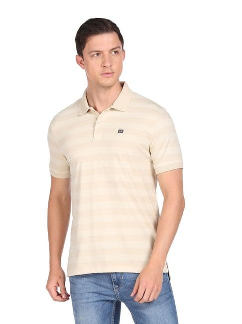 arrow sport beige cotton regular fit striped polo t-shirts