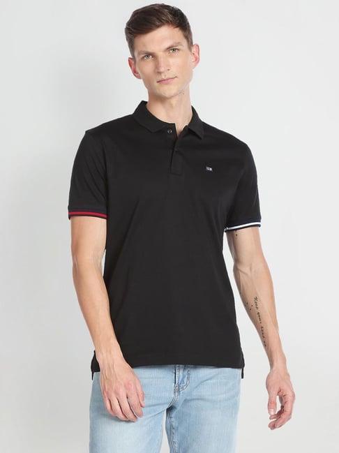 arrow sport black cotton regular fit polo t-shirt